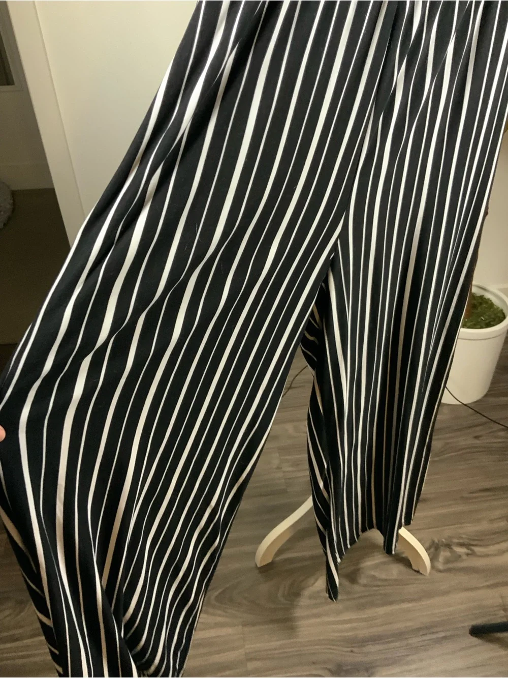 Discreet Black and White Vertical Stripe Strapless Jumpsuit